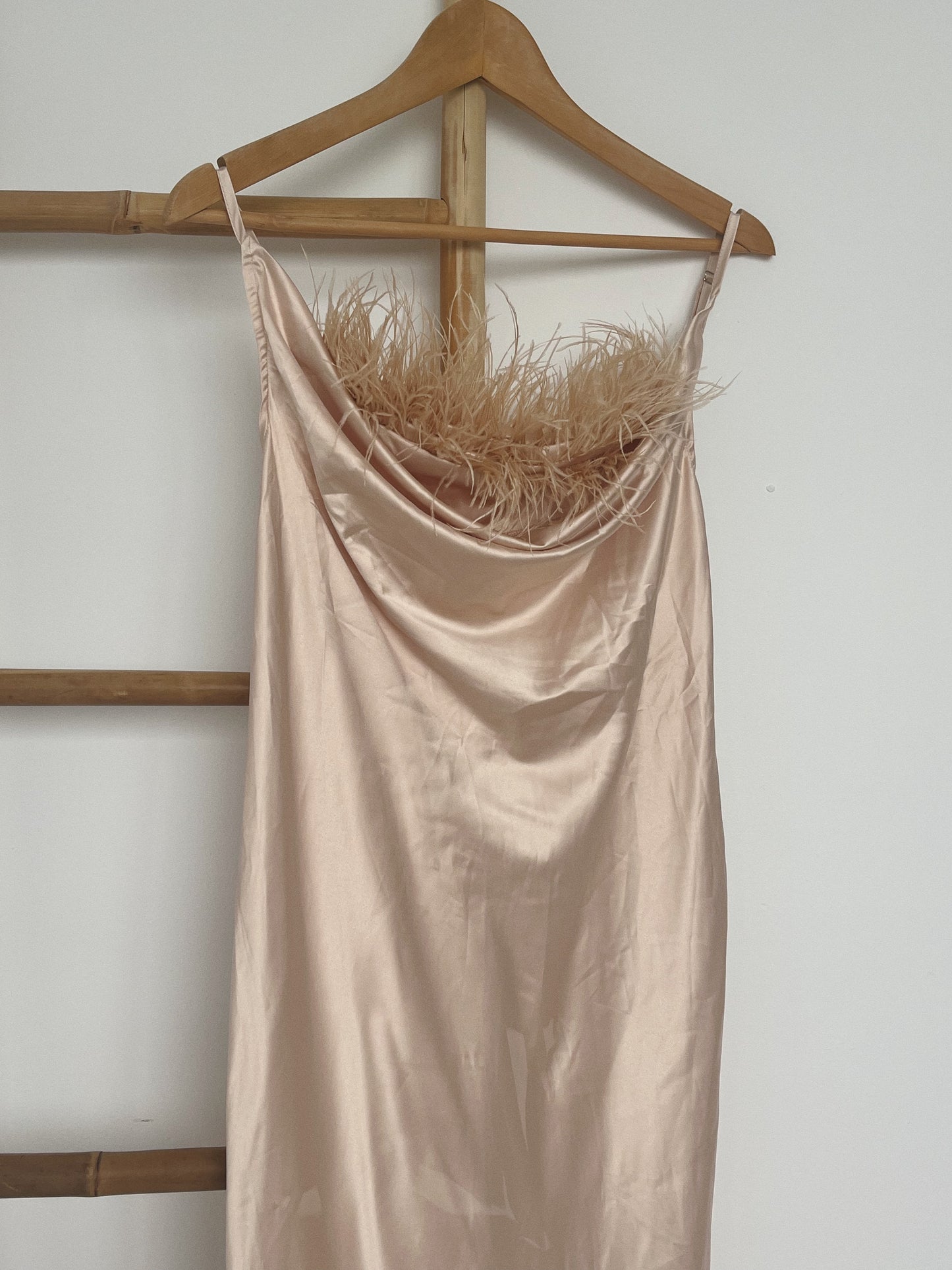 Satin Feather Trim Dress - Size 8-10