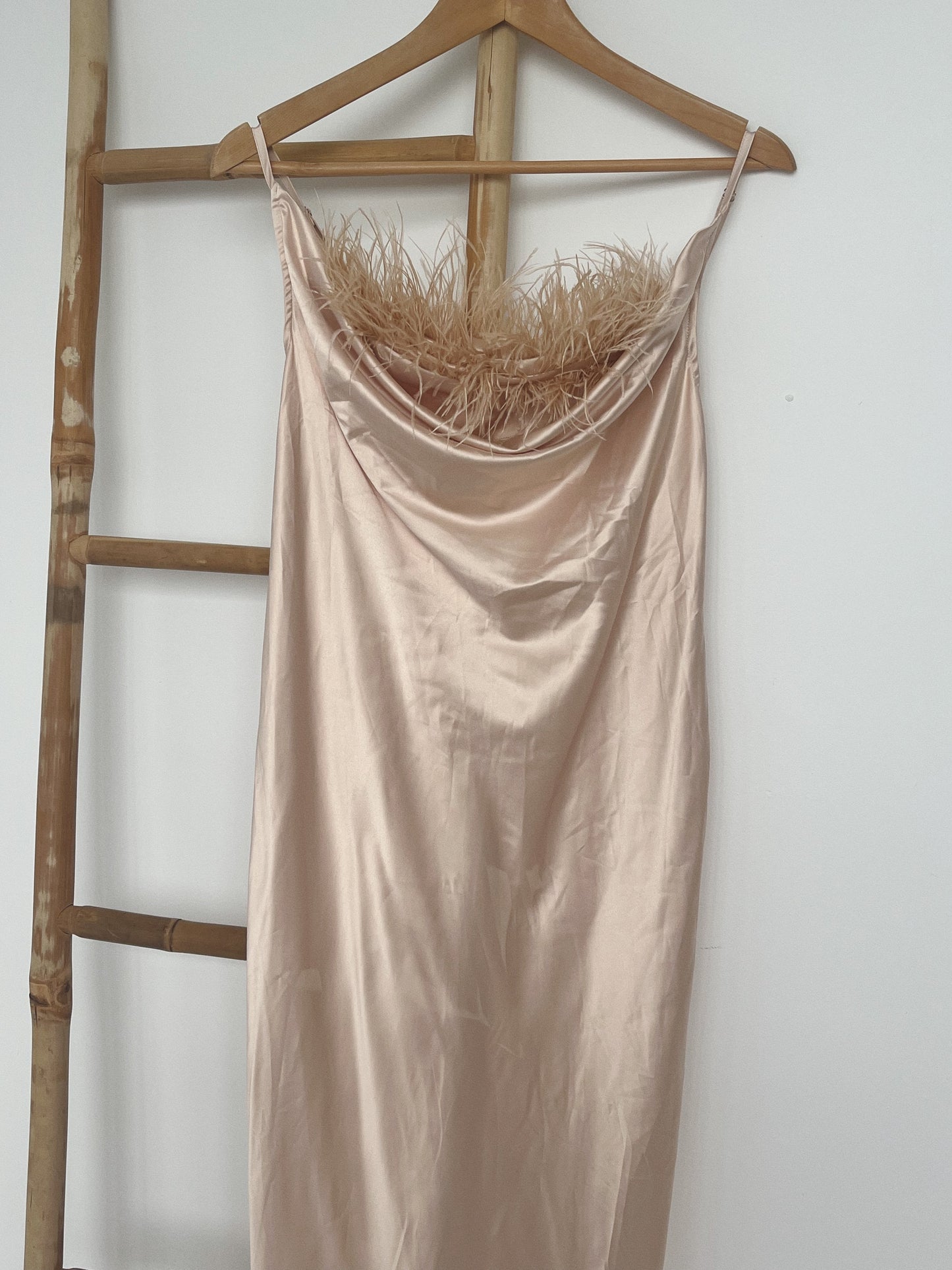 Satin Feather Trim Dress - Size 8-10