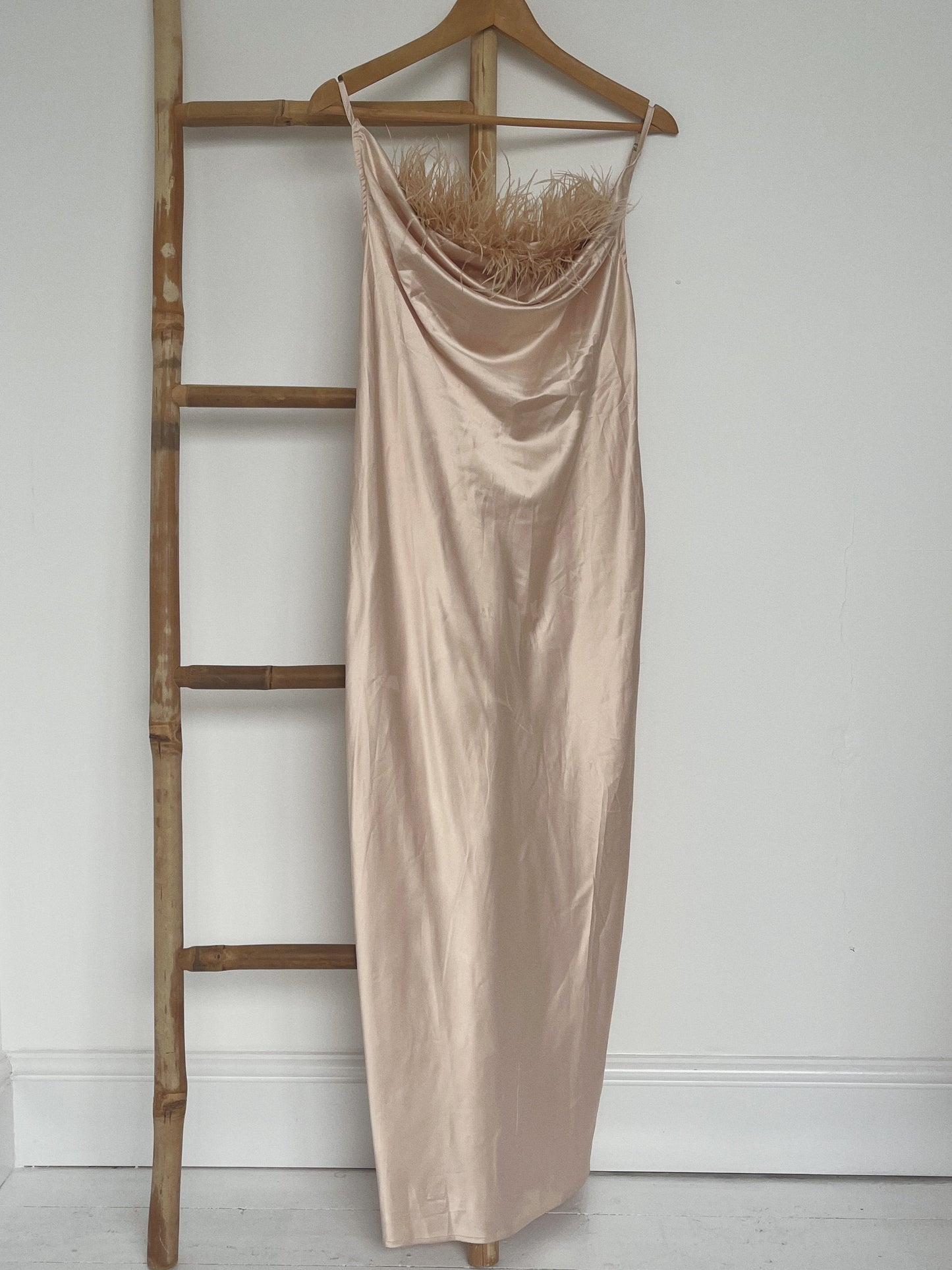 Satin Feather Trim Dress - Size 8-10