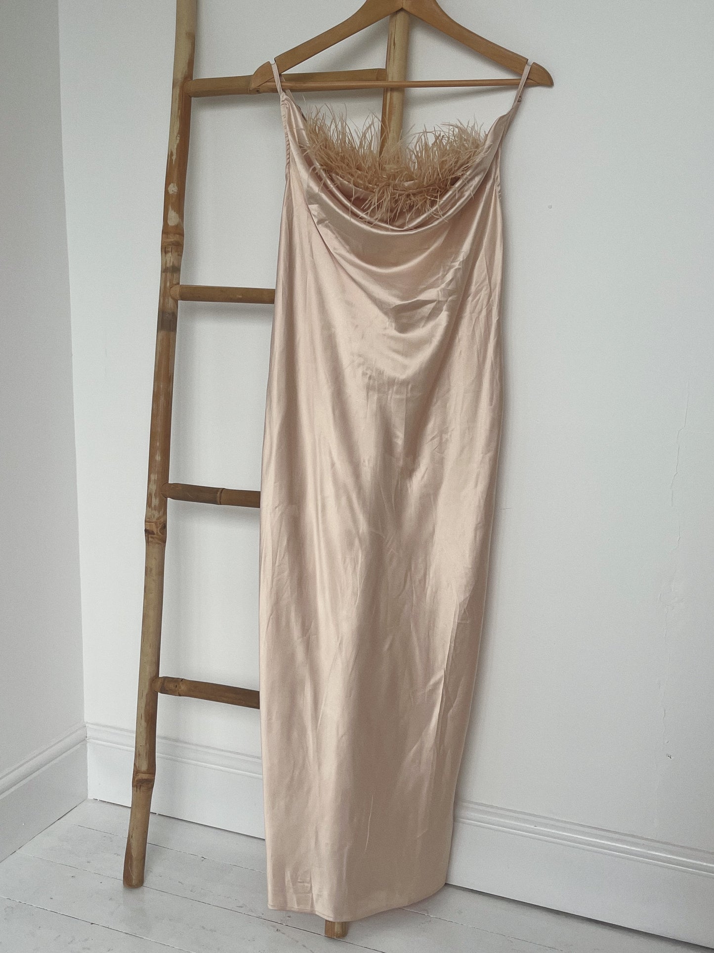 Satin Feather Trim Dress - Size 8-10