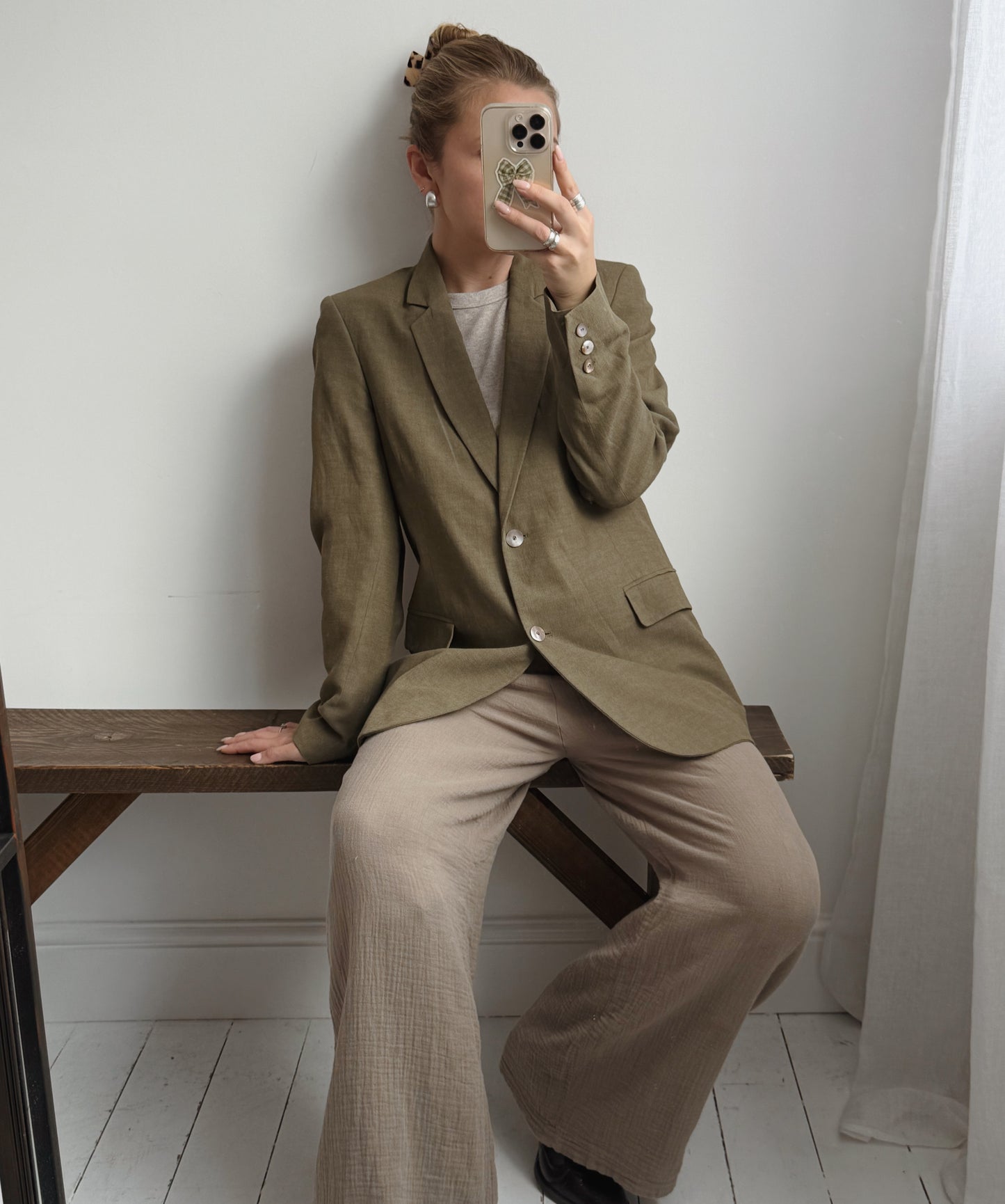 Linen Blend Olive Blazer - Size 10