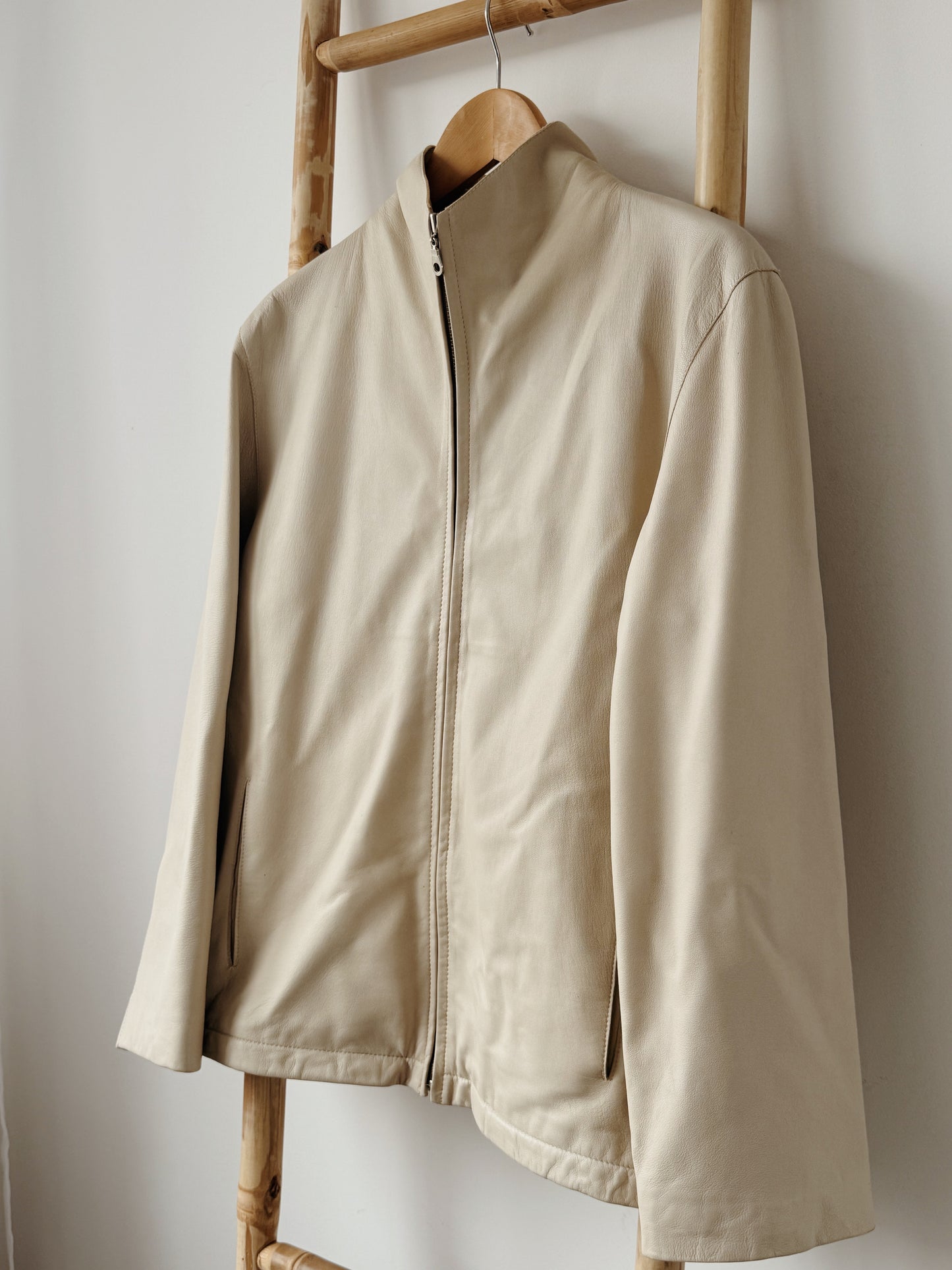 Cream Leather Jacket - Size 10-12