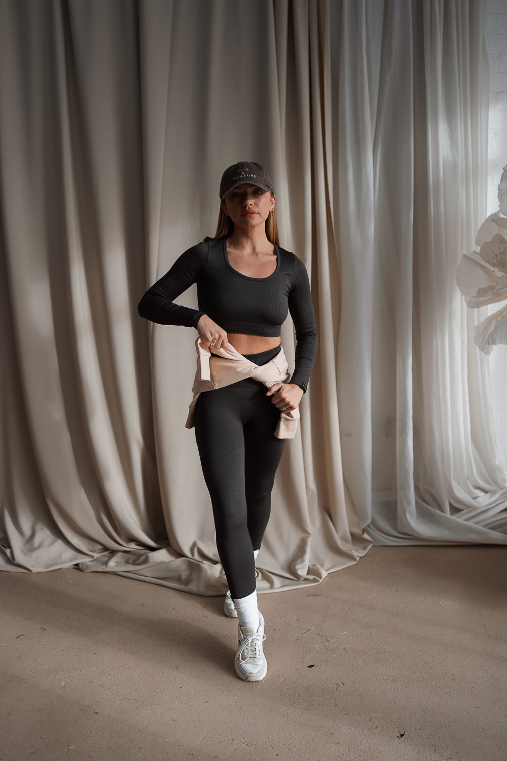 Sculpting, high waisted, ribbed textured leggings in grey, with matching crop top by Pine & Treasure for the active P&T Casual Core collection.